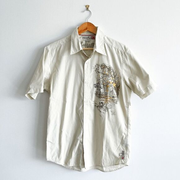 Quiksilver Mens Button Down Casual Short Sleeved Shirt Off White Tan Medium - Picture 1 of 7